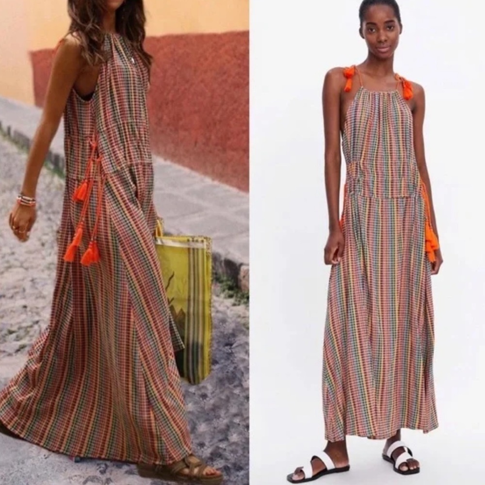 Zara Multicolor Maxi Dress with Tassel Straps
